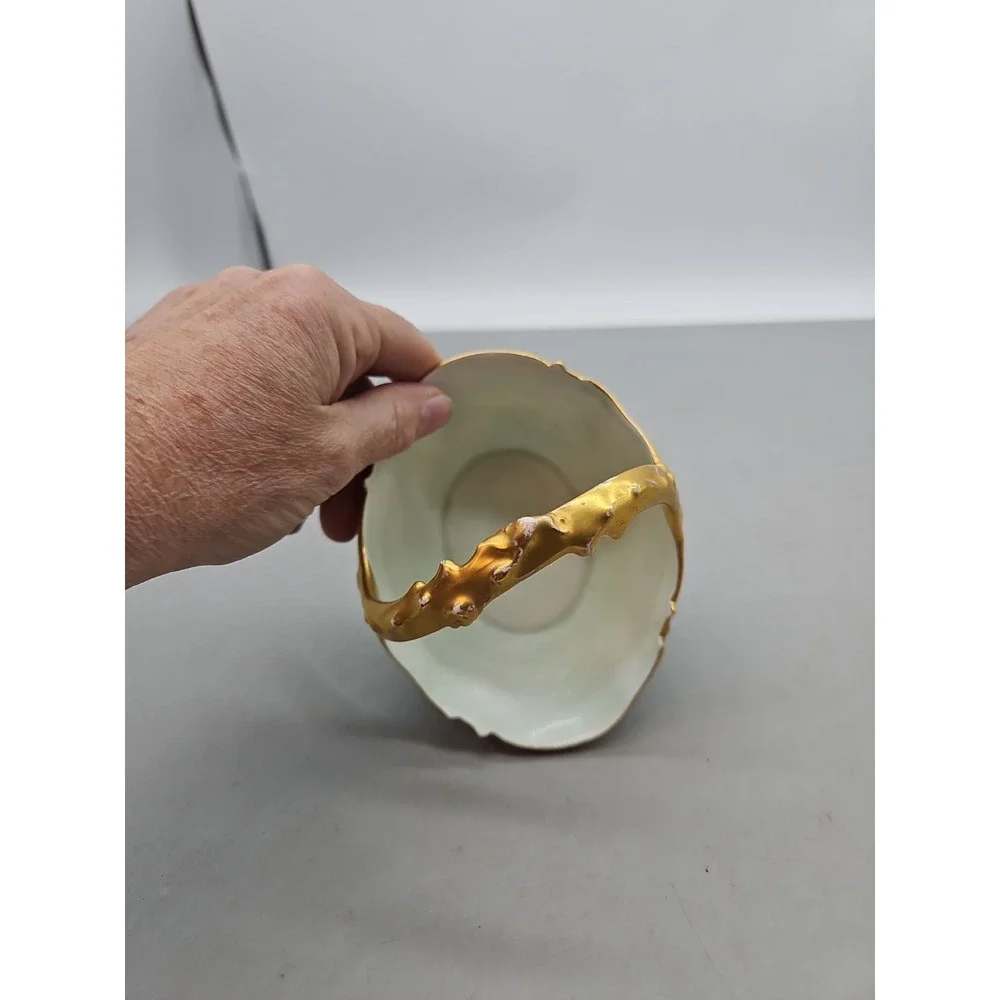 Antique J.P. L. France Limoges Hand Painted Floral Porcelain Basket Gold Trim